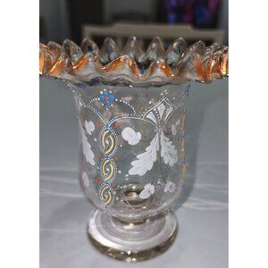 Vintage Hand-Painted Ruffled Edge Glass Vase With Gold Accents & Floral Design